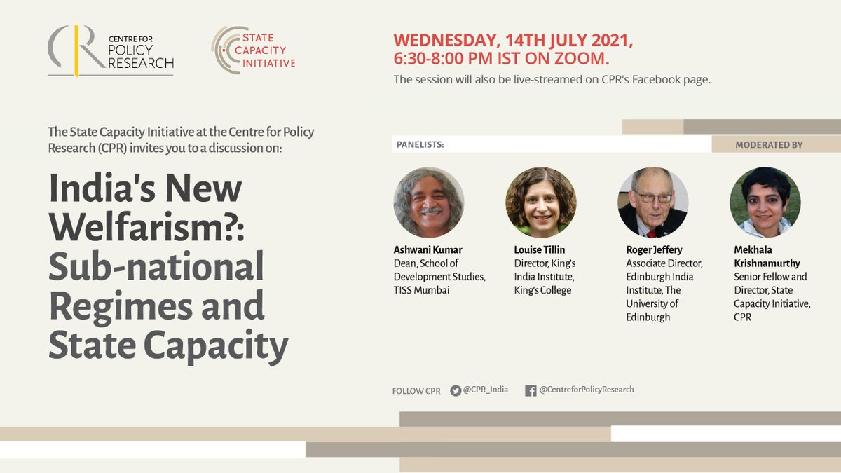 CPR_India's tweet photo. EVENT | India's New Welfarism: Sub-national Regimes and State Capacity featuring Ashwani Kumar, Louise Tillin, and Roger Jeffrey moderated by Mekhala Krishnamurthy.
📅July 14, Wednesday
🕕6:30-8:00 PM
🔗https://t.co/xWLEiIysKr https://t.co/Cy116ADKA8