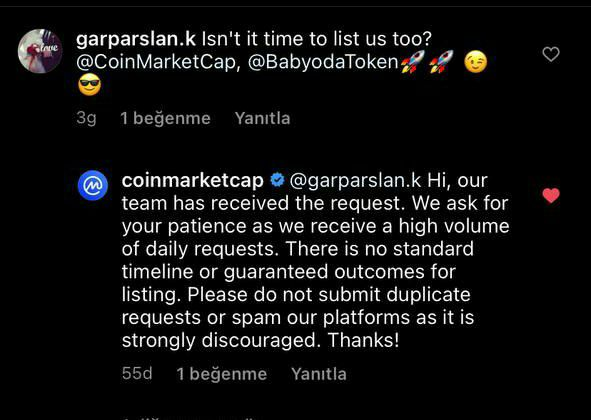 Coinmarketcap replied for <a href="/babyodatoken/">Baby Yoda Token</a> We should be there very soon! #dogecoin #shiba #babydoge #minidoge #feg