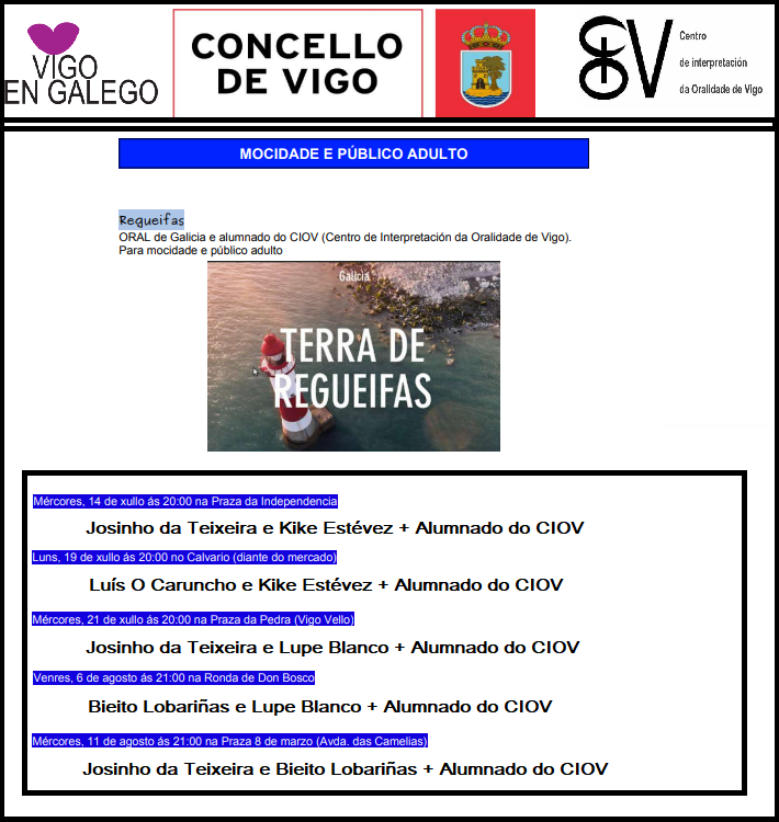 Chioregueifeiro's tweet photo. Datas e lugares das regueifas para este verán en Vigo👇 #CIOV #regueifa #VigoenGalego #OraldeGalicia https://t.co/7XoQd0M3bt