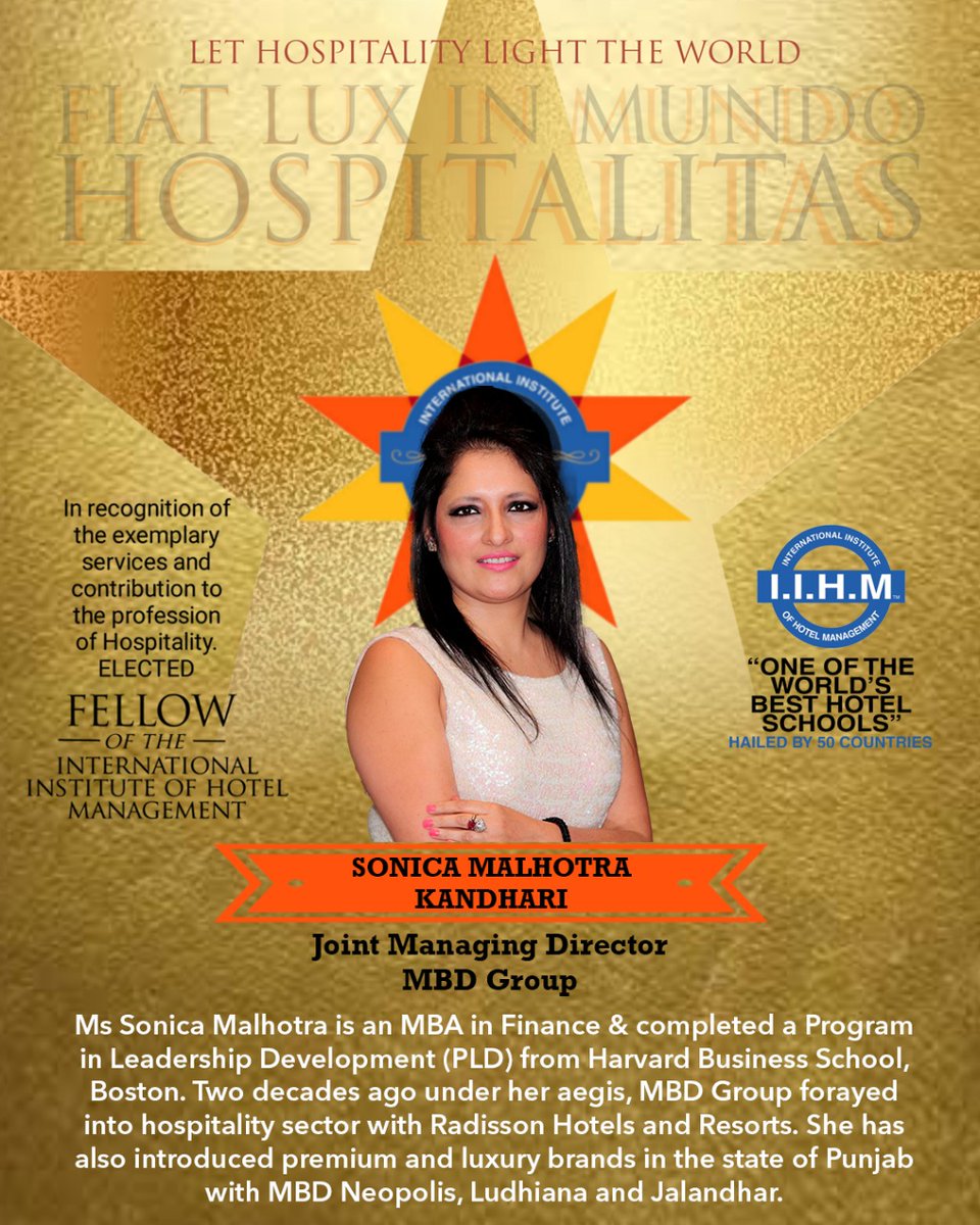 AADirIIHMDELHI's tweet photo. Many Congratulations to Ms Sonica Malhotra Joint MD @MBDGroupDelhi @RadissonNoida for being Elected as #FellowOfIIHM in #iihm #International College of The #Distinguished Fellow amongst the Worlds Best 150 #SonicaMalhotra @IIHMHOTELSCHOOL @subornobose @RadissonBlu @Radisson https://t.co/ieyEayUwVD