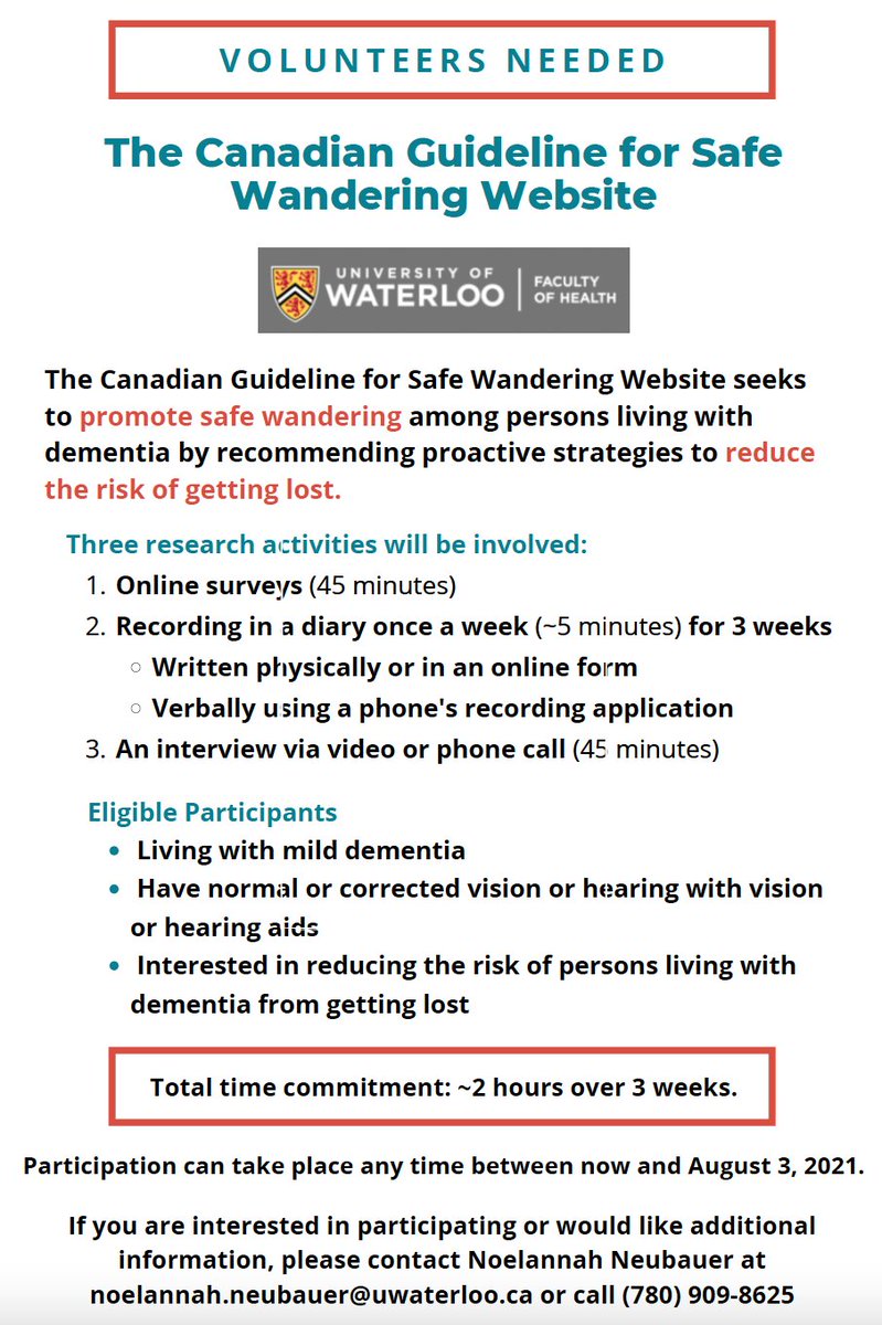 STUDY RECRUITMENT – Are you (or do you know of) a person living with dementia who uses technology📱🖥 ? Are you interested in reducing your risk⚠️ of getting lost? Consider participating in our study that is evaluating the interactive Canadian Guideline for Safe Wandering🤗