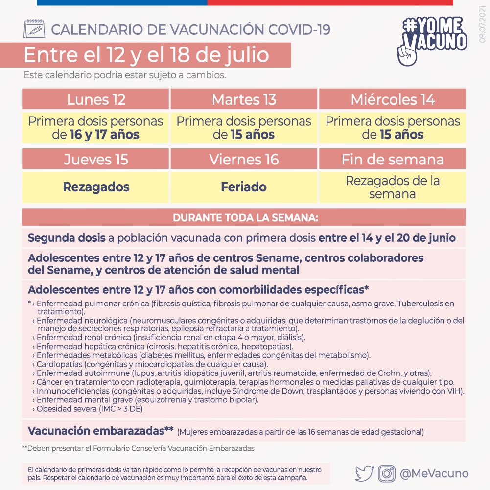 🗓 IMPORTANTE: Conoce el calendario de vacunación contra el #COVID_19 de esta semana.

Para más información visita el sitio web gob.cl/yomevacuno