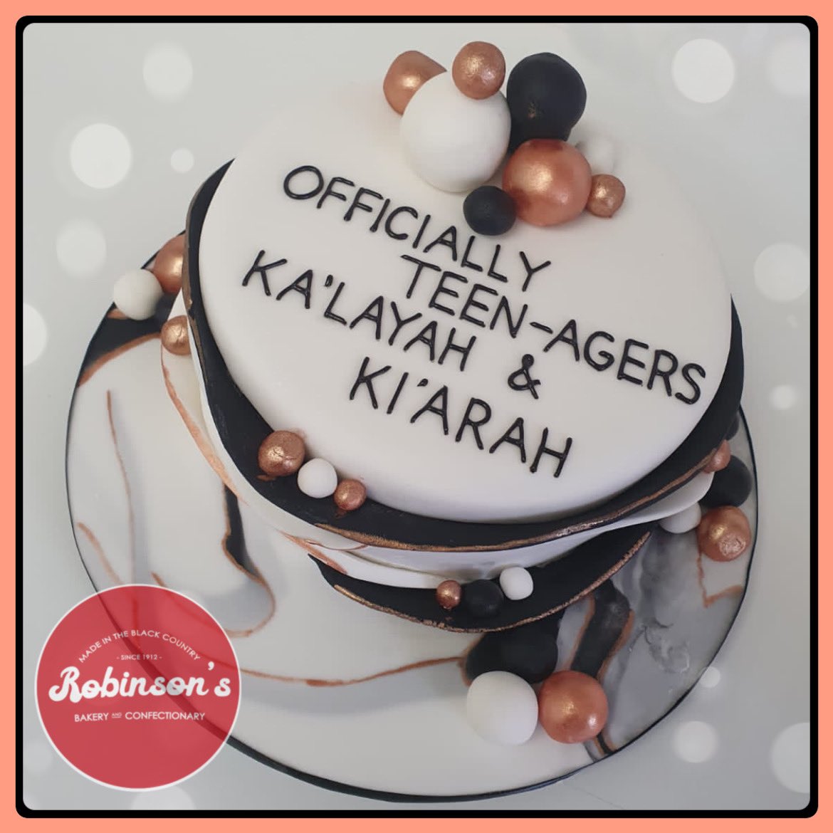 This returning customer wanted a black &amp; rose gold cake for her teenagers “something grown up, with a rainbow &amp; chocolate sponge inside” - she loved it (and so did they) #robinsonsbakery #cakesofinstagram #bespokecakes #bakery #cake #westmidlands #blackcountrybakery