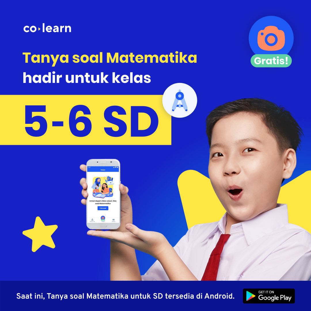 CoLearn_ID's tweet photo. Psst.. Ada yang baru nih dari CoLearn. Sekarang Tanya bisa digunakan untuk CoFriends kelas 5-6 SD! 

Bisa langsung foto soal, upload dan dapetin video solusi dari CoLearn. Yuk, download aplikasinya sekarang juga!

#AmbisItuKeren
#CoLearnID
#MerdekaBelajar https://t.co/xYmX4gOgu4