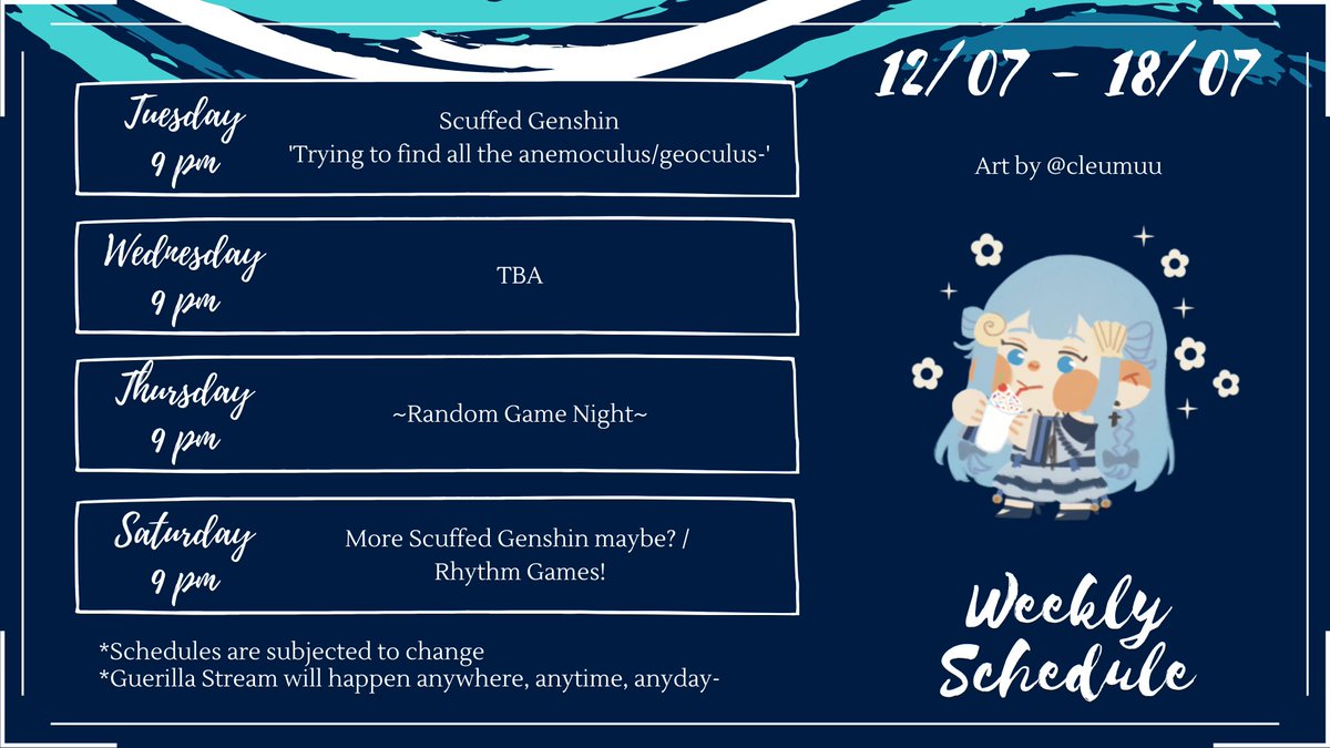 kujira_haia's tweet photo. This week's schedule~
Might play a lot of Genshin this week but we'll see! Trying to upgrade the characters before the new patch update comes out-
#VTuberEN #LiveEncast #1stChapter
(Art by @/cleumuu) https://t.co/kaKGzXDUic