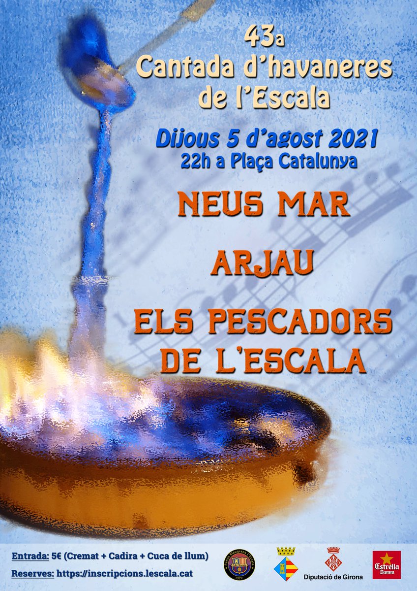 HavaneresEscala's tweet photo. Compte enrere per la 43a Cantada d'havaneres de l'Escala. #NeusMar #Arjau i #ElsPescadorsDeLEscala #Havaneres @PeranEspartac
RESERVA PRÈVIA:
https://t.co/JKrvwy07xK https://t.co/mwb0Lik5wP