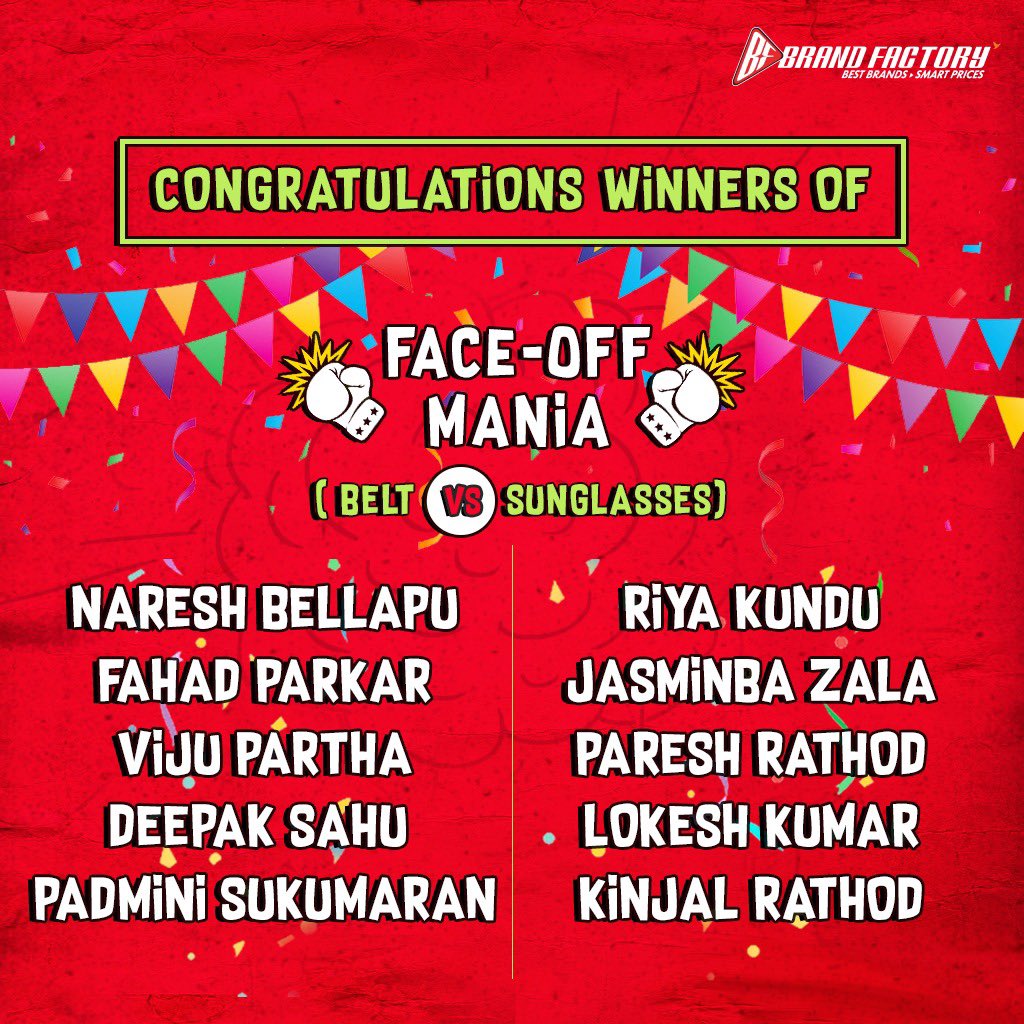 BrandFactoryIND's tweet image. And the winners for #TimeOutWithBF contest are......

Special thanks to everyone who participated in this contest and congratulations to everyone who has their name on the winners list. 

#FaceOffMania #winnerannouncement #Winner #ContestWinners #Brandfactory #Discounts365Days