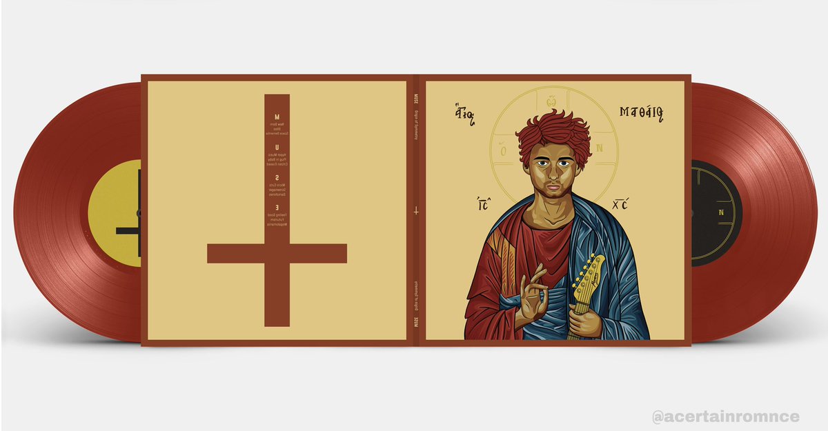 acertainromnce's tweet photo. my redesign of @museband’s album ‘origin of symmetry’ for a uni assignment.

took heavy influence from greek icons and stained glass windows, as the album contains motifs of religion and existentialism. 

#originofsymmetry #muse #XXAnniversaryRemiXX https://t.co/xsx8rJbJlI