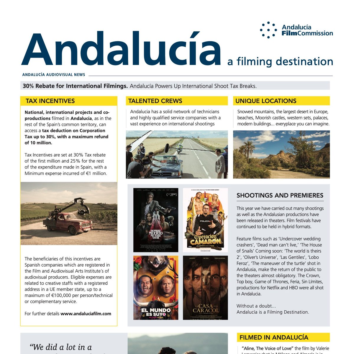 acacineandaluz's tweet photo. Andalucía en @Variety: atractivos incentivos fiscales, una amplia red de profesionales, localizaciones únicas, una producción propia consolidada.. el #cineandaluz llega al Festival de Cannes, gracias al apoyo de @AndaluciaFilm. 

Más en: https://t.co/8wqmDvWbgm https://t.co/pBj0opBnZy
