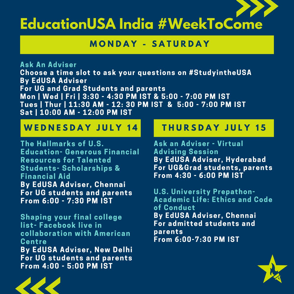 EdUSA_India's tweet photo. Mark your calendars! Check out our lineup of events for the week of July 12-17. Stay on top of your U.S. application process with #EducationUSAIndia. Register here https://t.co/wlCIogkQ9e

#EdUSAEvents #StudyintheUSA #EducationUSA #intled #EdUSAIndiaatHome #USHigherEd #weektocome https://t.co/jIvhtTUaeM