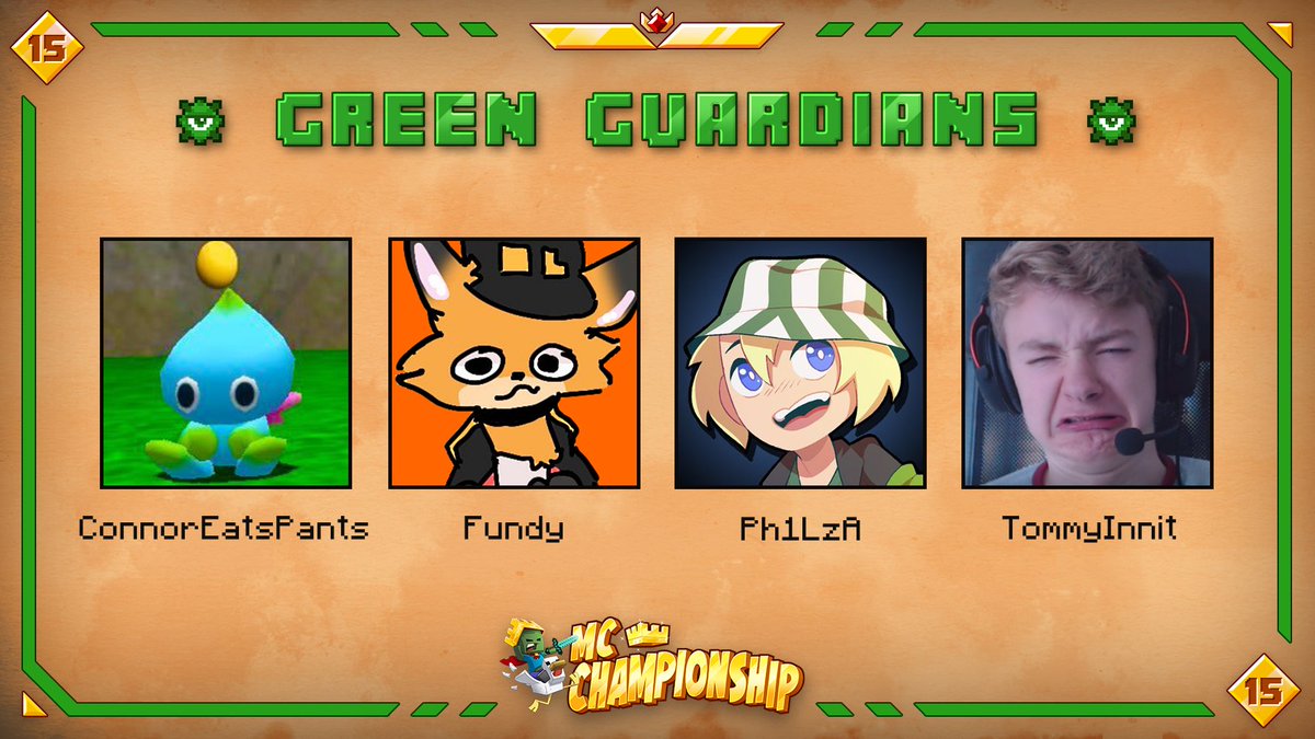 MCChampionship_'s tweet image. 👑 Announcing team Green Guardians 👑

@ConnorEatsPants @FundyLive @Ph1LzA @tommyinnit

Watch them in MCC on Saturday July 24th at 8pm BST!