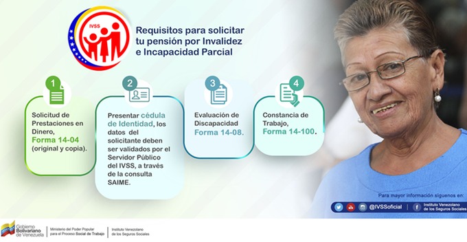 #Infórmate | El #IVSS te presenta los requisitos para solicitar la pensión de invalidez. #ProtecciónSocialSaludYPrevención #SomosGarantíaDeSeguridadSocial 
<a href="/MagaGutierrezV/">Magaly Gutiérrez Viña</a>
<a href="/NicolasMaduro/">Nicolás Maduro</a>