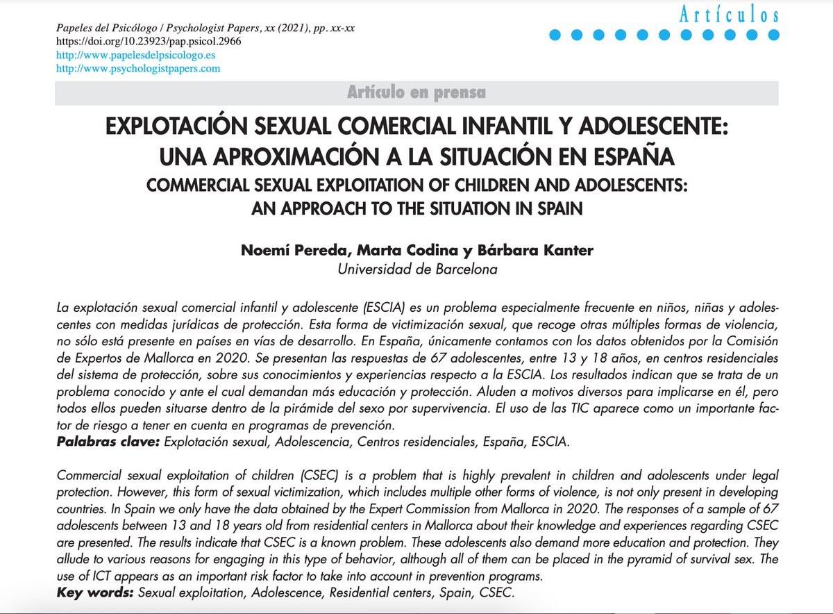 Os recomiendo el artículo que acabamos de publicar sobre explotación sexual infantil y adolescente en España. Es el primer trabajo publicado en nuestro país sobre un tema que ha generado una gran polémica y sobre el que existen muchas falsas creencias.

papelesdelpsicologo.es/pdf/2966.pdf
