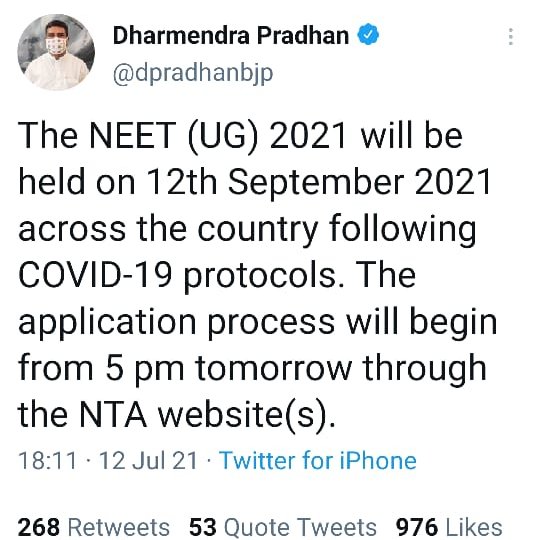 sandeep0505's tweet photo. NEET will be held on 12th September 2021

#NEET 
#NEETUG2021 
#neet2021
#BreakingNews 

@dpradhanbjp 
@PMOIndia https://t.co/DCTKVlcmVB
