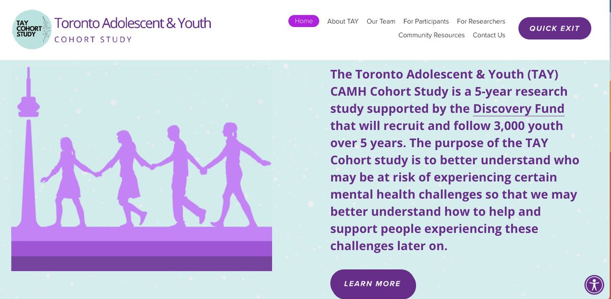 Excited to announce a landmark initiative:  
The Toronto Adolescent &amp; Youth (TAY) CAMH Cohort Study, supported by <a href="/camhnews/">CAMH</a> <a href="/camhfoundation/">CAMH Foundation</a> Discovery Fund.

Website: taycohort.ca

This study will build a better future for the #mentalhealth of #children &amp; #youth 

1/10
