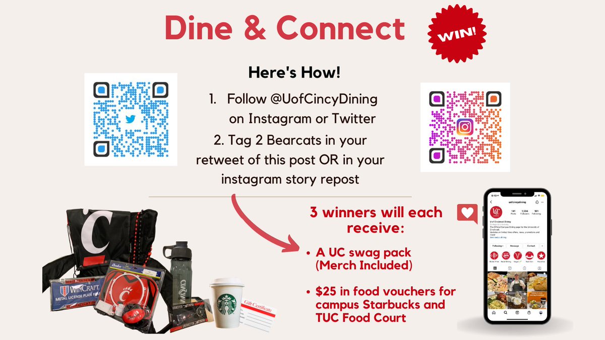 ucmainstreet's tweet photo. Start your fall off right with some extra UC swag and $25 in food vouchers for campus Starbucks and TUC Food Court!

Simply:
- Follow our page
- Tag two Bearcats in your retweet of this post!

 #UofCincyDining #Contest #UCSwag #Starbucks #Qdoba #PandaExpress #ChickfilA https://t.co/EKZEjoalF5