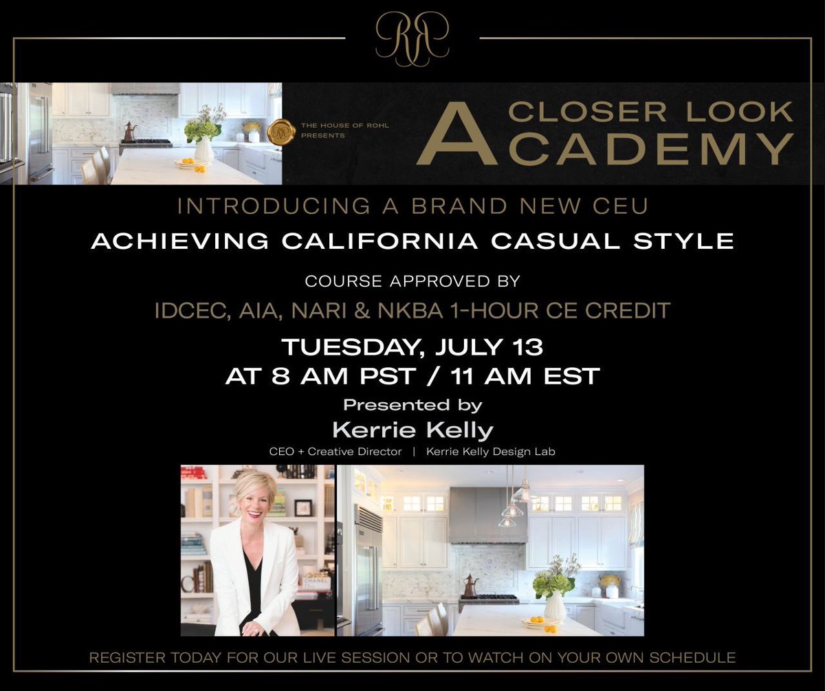 The countdown is on! See you tomorrow morning as we share all the tips and tricks to “Achieving California Casual Style” via our CEU event with my friends at @HouseOfRohl. Just register here: ceuevents.com/HOUSE_OF_ROHL/…