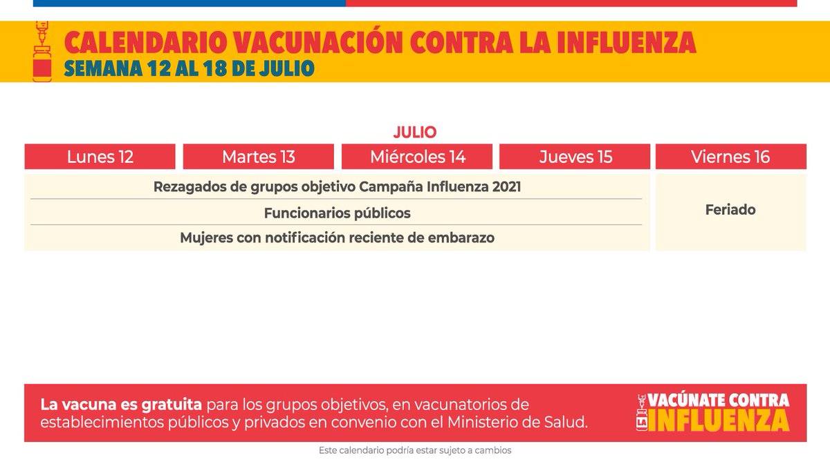 🗓 Calendario de vacunación contra la #Influenza:

🔸Rezagados 
🔸Funcionarios Públicos 
🔸Embarazadas recientemente notificadas

#YoMeVacuno ✌