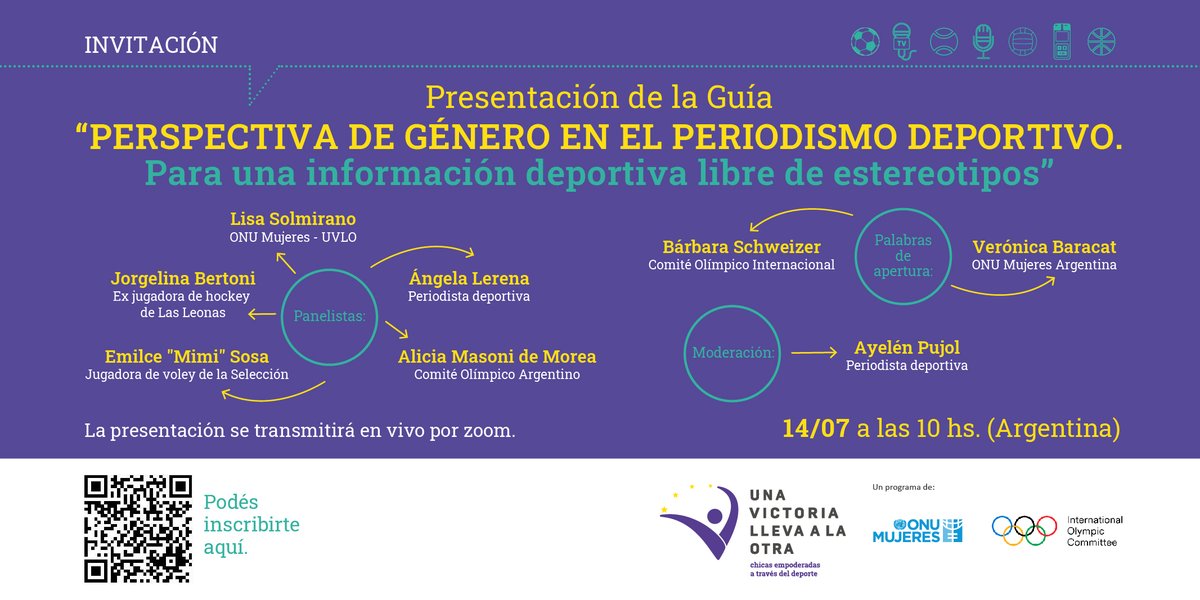 ONUMujeresArg's tweet photo. 📢Se acerca la fecha.
📅Este 14 de julio a las 10.00 🇦🇷 presentamos la Guía “Perspectiva de género en el periodismo deportivo. Para una información deportiva libre de estereotipos”. #NoTeLaPodésPerder https://t.co/MlcaF5GBgn