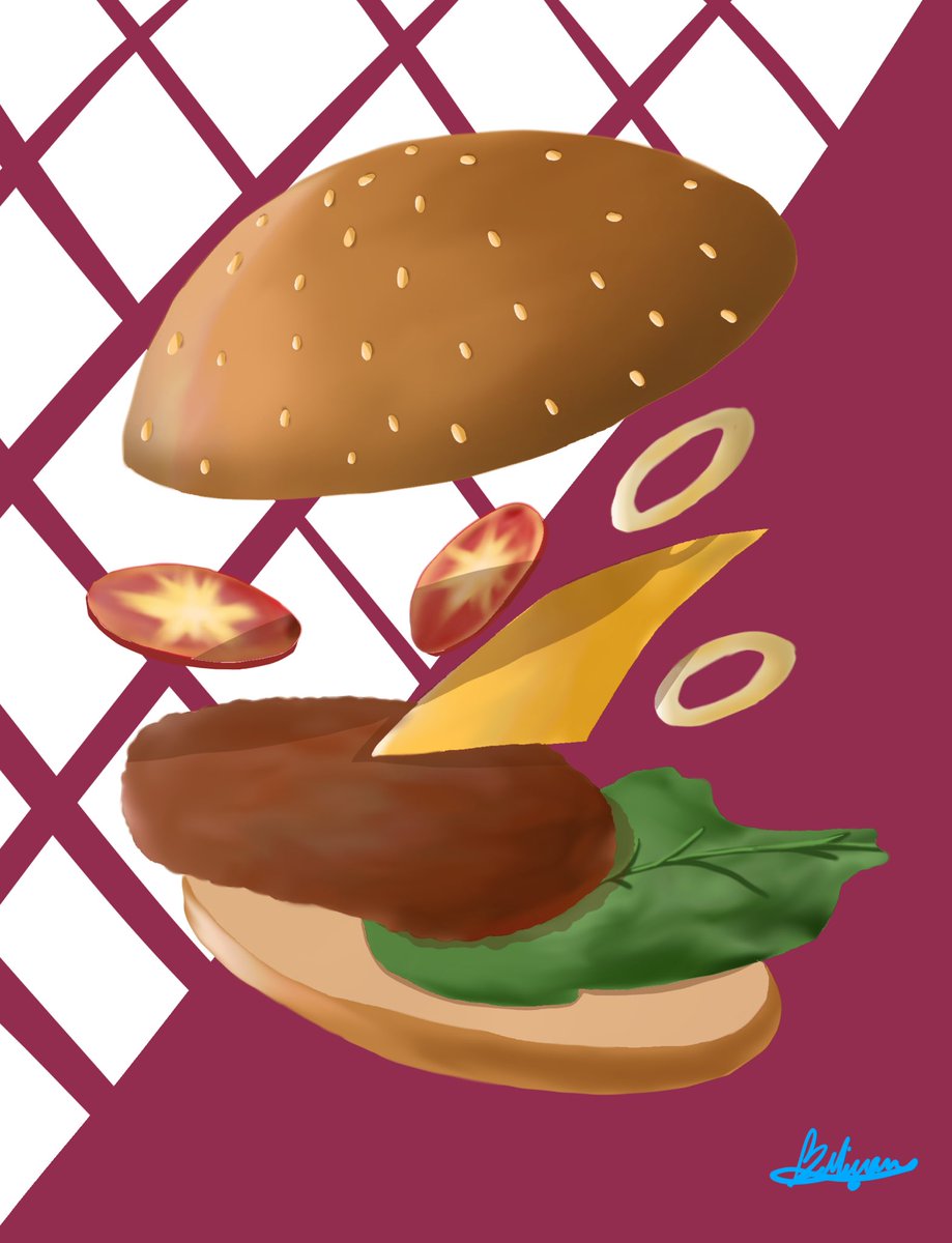 Briezeee's tweet photo. ‘Unraveled burger’ had a bit of time on my hands yesterday and decided to do a little warmup painting of a burger lol.. I think it looks yummy, don’t you? 

#digiart #docmyart #burger #cheese #onions #tomatoes #lettuce #food #ibispaint #painting #practice https://t.co/4xaJljUeOT