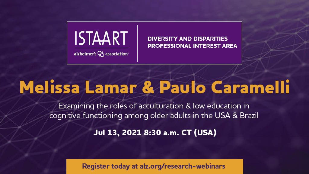 Mariana Almeida (@_m_almeida) on Twitter photo Put it on your calendar! 📅
Tomorrow <a href="/DrMLamar/">Melissa Lamar</a> and <a href="/CaramelliPaulo/">Paulo Caramelli</a> will explore the roles of acculturation and low education in cognitive functioning among older adults in the USA 🇺🇸 and Brazil 🇧🇷 .
Register here alz-org.zoom.us/webinar/regist…
<a href="/ISTAART/">ISTAART</a>
#DiversityandDispatiriesPIA Put it on your calendar! 📅
Tomorrow <a href="/DrMLamar/">Melissa Lamar</a> and <a href="/CaramelliPaulo/">Paulo Caramelli</a> will explore the roles of acculturation and low education in cognitive functioning among older adults in the USA 🇺🇸 and Brazil 🇧🇷 .
Register here alz-org.zoom.us/webinar/regist…
<a href="/ISTAART/">ISTAART</a>
#DiversityandDispatiriesPIA
