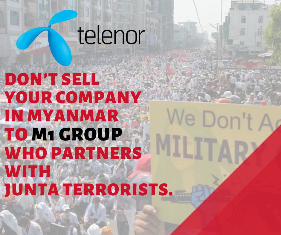 M1 group has business ties with the Military Junta, and has record of exploiting user data in other countries. Please reconsider the deal and save Myanmar from human rights violation. @TelenorGroup <a href="/NorwayMFA/">Norway MFA</a>
#Telenor_M1IsPartnerOfSAC
#WhatsHappeningInMyanmar