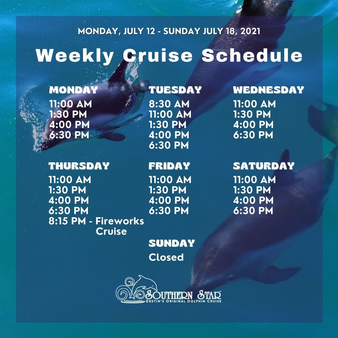 Here's our dolphin cruise lineup for this week!  🐬 🌊 😍   We also still have some availability on this week's Thursday Night Fireworks Cruise!!  Experience The Extraordinary!
bit.ly/3voyC2m  #SouthernStarDolphinCruise #DestinFlorida #DestinFL #DolphinCruises #Awards