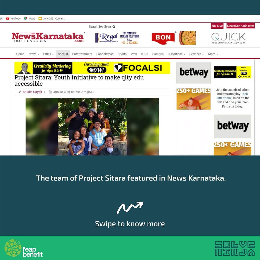 ReapBenefit's tweet photo. Shriya Shankar and her team at Project Sitara have been featured by News Karnataka. Link to the article: https://t.co/hV51WdvteO https://t.co/X5JYEPI70j https://t.co/QTtVZkcL7S
