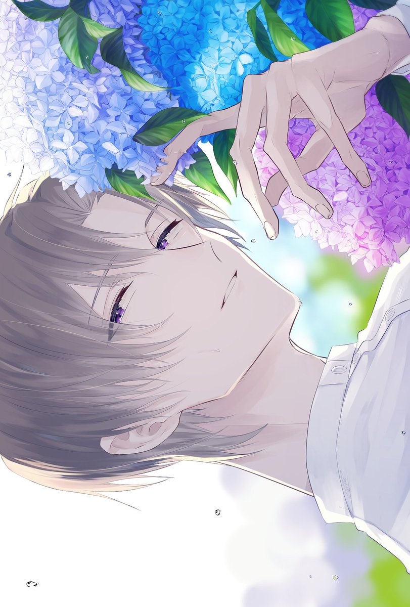 1boy male focus flower purple eyes hydrangea solo white shirt  illustration images