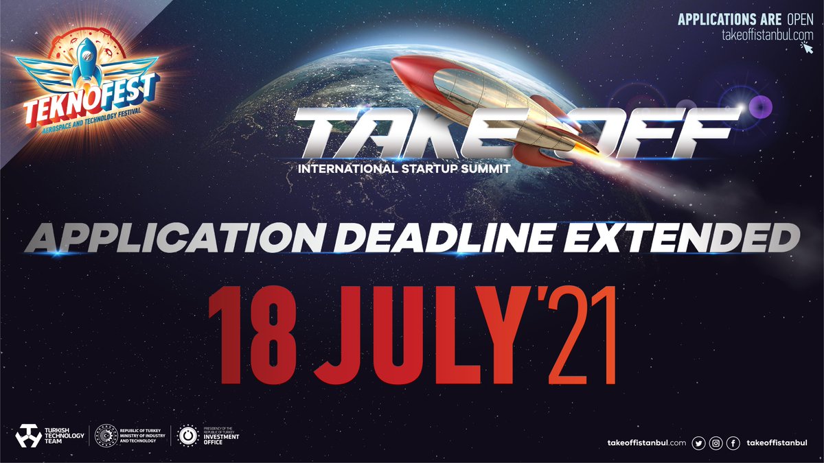 ProlineVentures's tweet photo. Application deadline extended to 18 July 2021

For Details: https://t.co/OUd3iDnUdW

#TakeOffInternationalStartupSummit
#takeoffistanbul
#TEKNOFEST2021
#startup
#türkiyeteknolojitakımıvakfı https://t.co/VTbhM0Sfu7