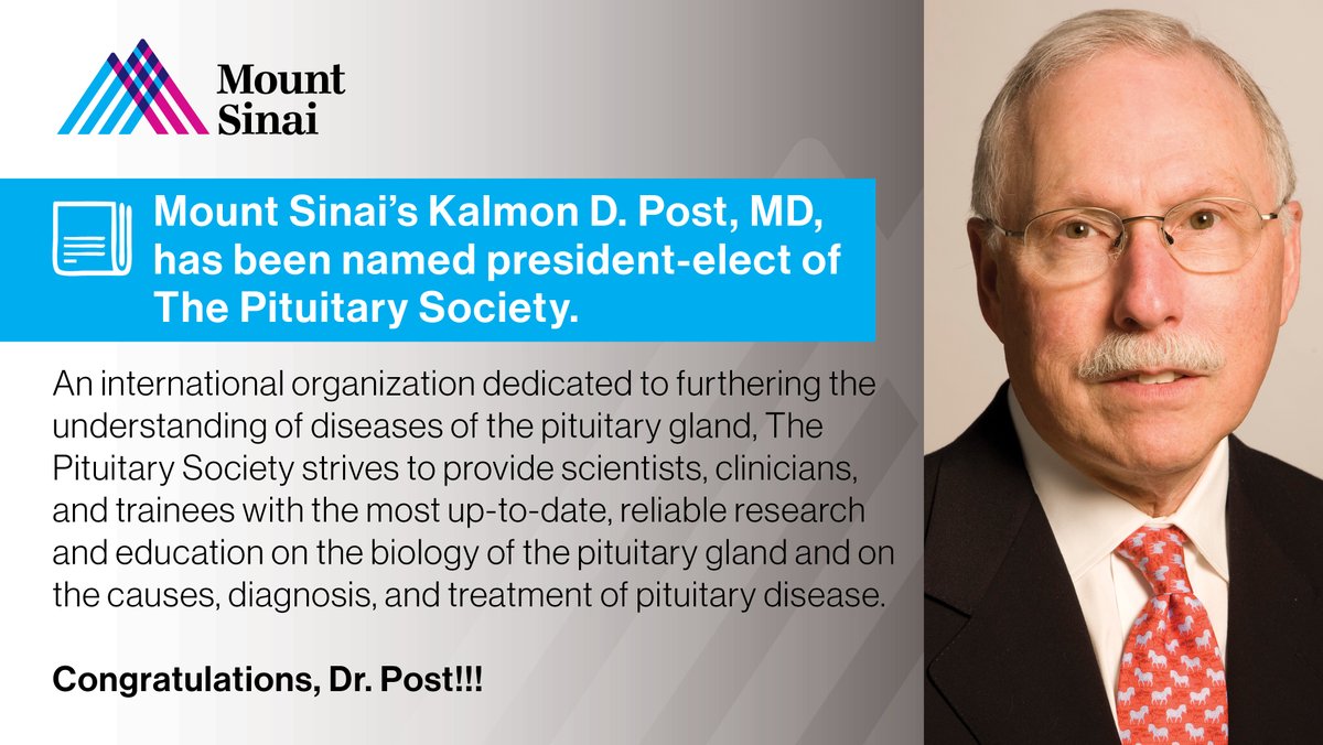 Congrats to @MountSinaiNeuro's Dr Kalmon Post! Internationally known for his work and results in treating #pituitary & parasellar tumors, Dr Post has been named president-elect of @PituitarySoc! mountsinai.org/about/newsroom… @neurosurgery #cushings #acromegaly #adenoma @SinaiBrain