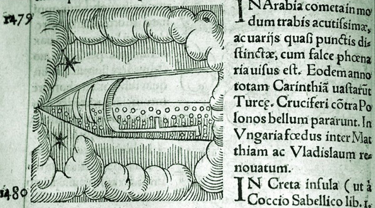 Sword_Goddess's tweet image. "Prodigiorum Ac Ostentorum Chronicon" is book written in 1557 that was intended as an anthology of bizarre and unexplained  events that were observed during medieval times.

-It depicts a space rocket that appeared over Arabia in 1479.
