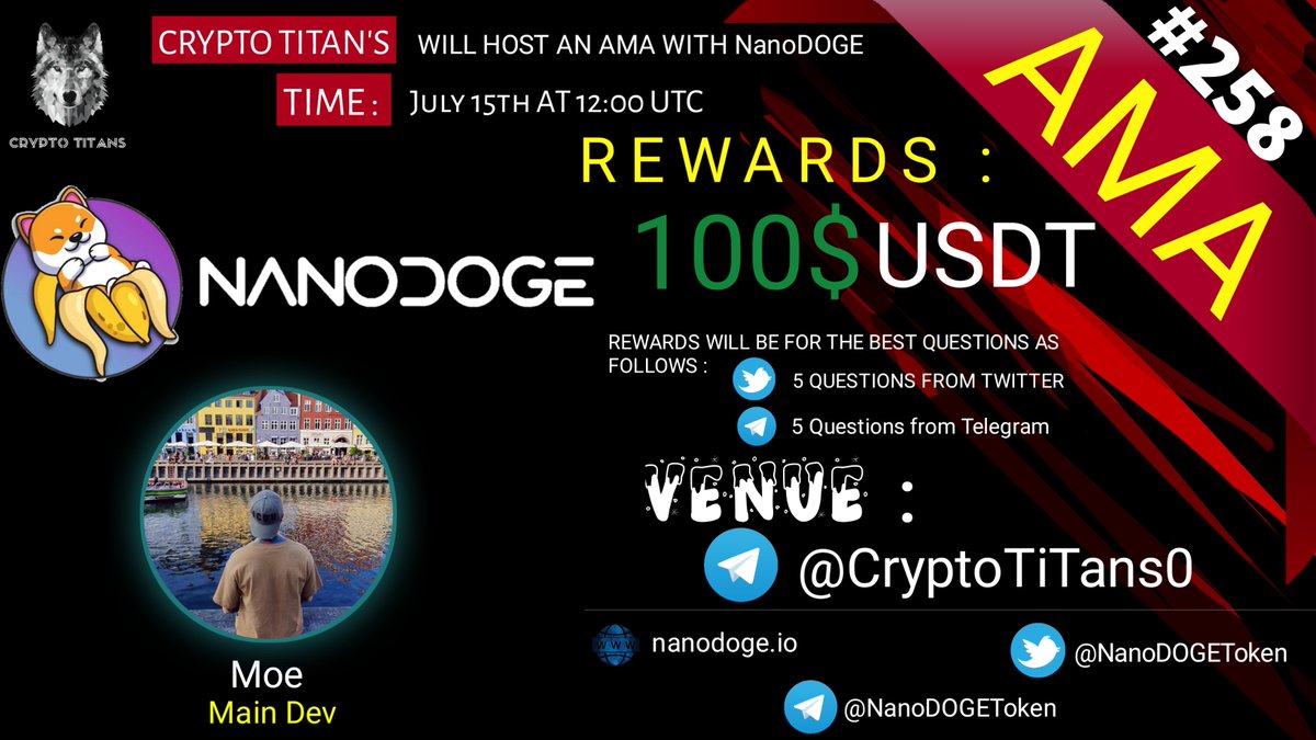 CryptoTitans1's tweet photo. 🤍AMA Series with #NANODOGE

🎁Prize: 100$ USDT
📆Date: July 15th 2021 12:00 PM UTC 
🏨 Venue: https://t.co/UC8QQTICnm

Rules : https://t.co/Ftes6CyKI6

 Follow 
@CryptoTitans1

  &amp;

@NanoDOGEToken

2. Like Retweet &amp; Comment Your Questions (3 Questions Max) Tag 3 friends. https://t.co/VY5ZlLSBu4