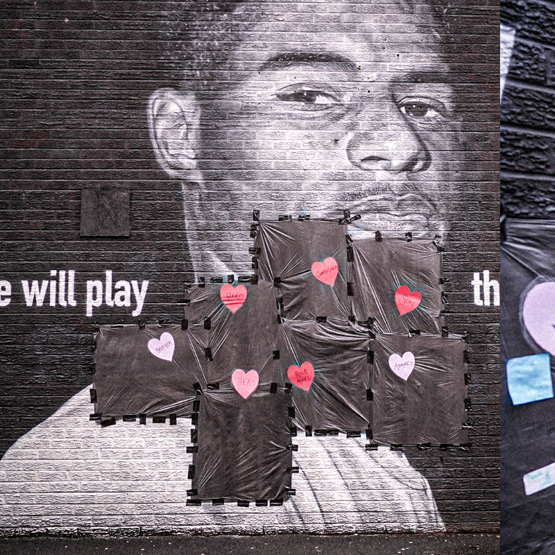 SkySportsNews's tweet photo. After a mural of Marcus Rashford was vandalised last night, residents have posted messages of support on the boards used to cover up the offensive graffiti. ❤️👏