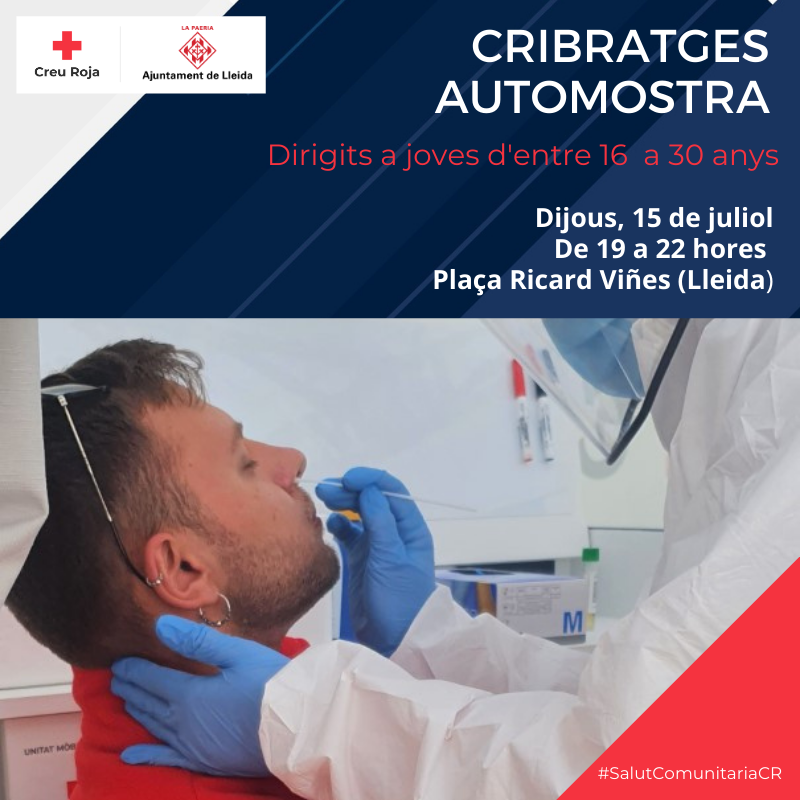 postudelleida's tweet photo. Des de @CreuRojaLleida i @salutcat ens demanen difondre els cribratges que es faran aquest dijous 15 de juliol de 19 a 22 hores, dirigits al jovent de 16 a 30 anys a Ricard Viñes.

Com més dades tinguem millor per frenar al bitxo!
Si podeu, aneu-hi i compartiu! https://t.co/dJdztQFOou