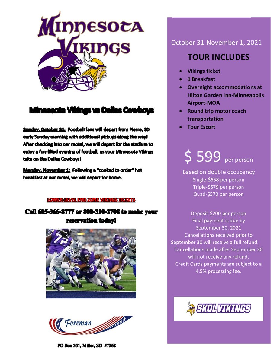 ForemanCharters's tweet photo. Are you ready for some football!! You're not going to want to miss out on this amazing opportunity to see the Vikings and the Cowboys! Call Foremans to reserve your seat. 800-310-2708 https://t.co/S9IWJ6UUGG