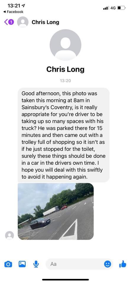 PeteWhite5000's tweet photo. Hi @sainsburys this is how one of my HGV Drivers was treated by a member of the public after stopping early this morning to top up with food in Coventry. I’m sure you are aware about the shortage of HGV drivers. These drivers should be applauded not criticised https://t.co/HjJ5pNkllL