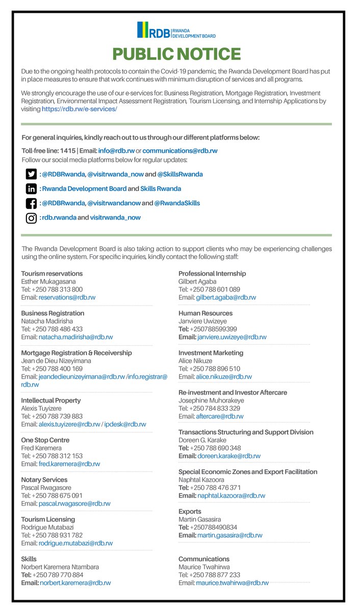 Public notice: The Rwanda Development Board encourages the public to use its e-services at rdb.rw/e-services/. Please use the contacts below for any specific inquiries.

#StaySafe