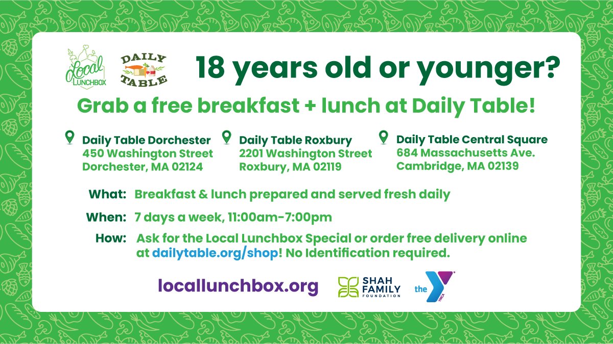 Today, we quadrupled the number of retail Local Lunchbox locations in partnership with @DailyTableMkt. Now, anyone 18 or under can get free breakfast + lunch daily in Dorchester, Roxbury &amp; Cambridge, in addition to Spinelli's in East Boston. Ask for the "Local Lunchbox Special!"