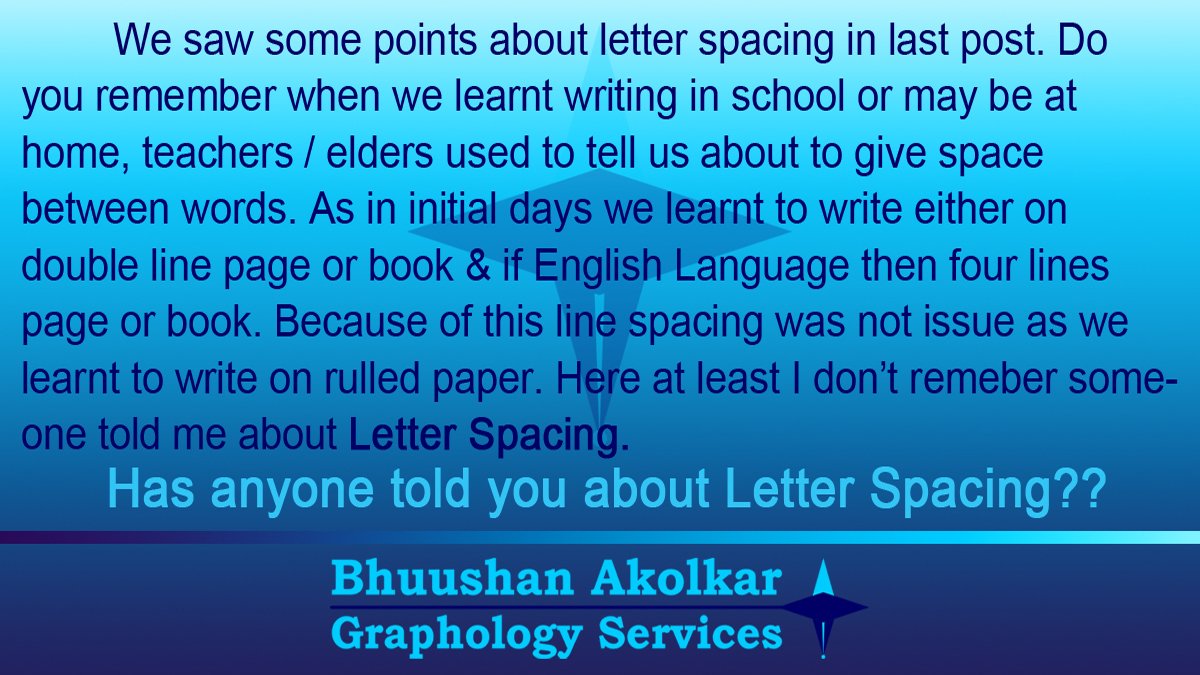 Graphologist_BA's tweet photo. We have seen #Enough about word spacing. Let's go more deep.
Now #letter space
#tip #knowledge 
Please do your #signature always with same flow
+919820529032 #graphology #graphologistbhuushan #graphologist #learn #learnathome https://t.co/TWhbaXlgcq
