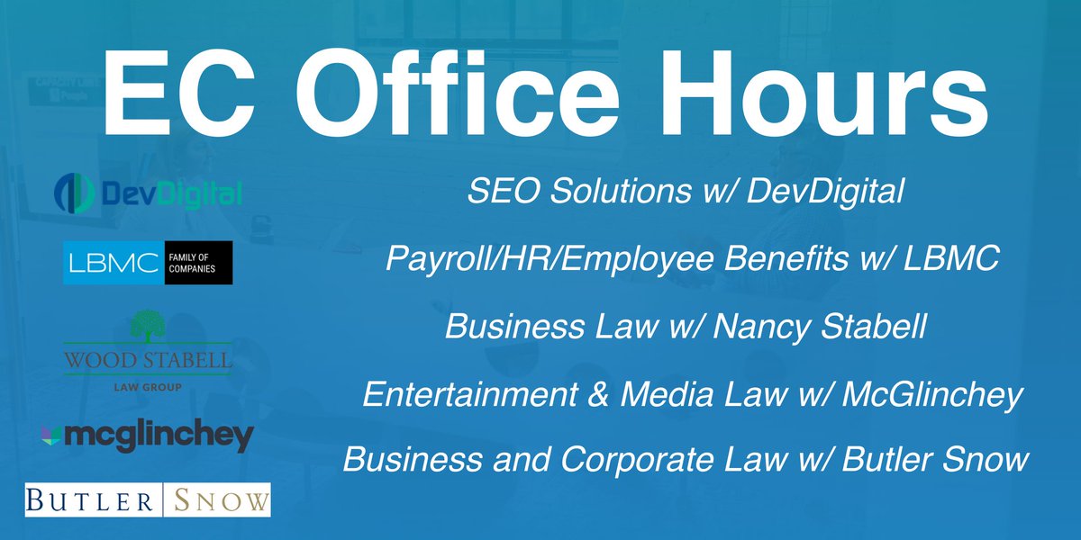 entrecenter's tweet image. We&apos;ve got a full-house of amazing office hours with @Dev_Digital, @LBMC_PC, @nancystabell, @McGlinchey, and @butler_snow sharing experience with entrepreneurs this week! Be sure to sign up and learn more at bit.ly/3yOiCrI.