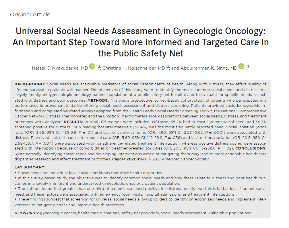 IN THE NEWS | Universal social needs assessment in gynecologic oncology: An important step toward more informed and targeted care in the public safety net acsjournals.onlinelibrary.wiley.com/doi/full/10.10… @abedsinno @NNyakudarika @umiamimedicine #GynOnc