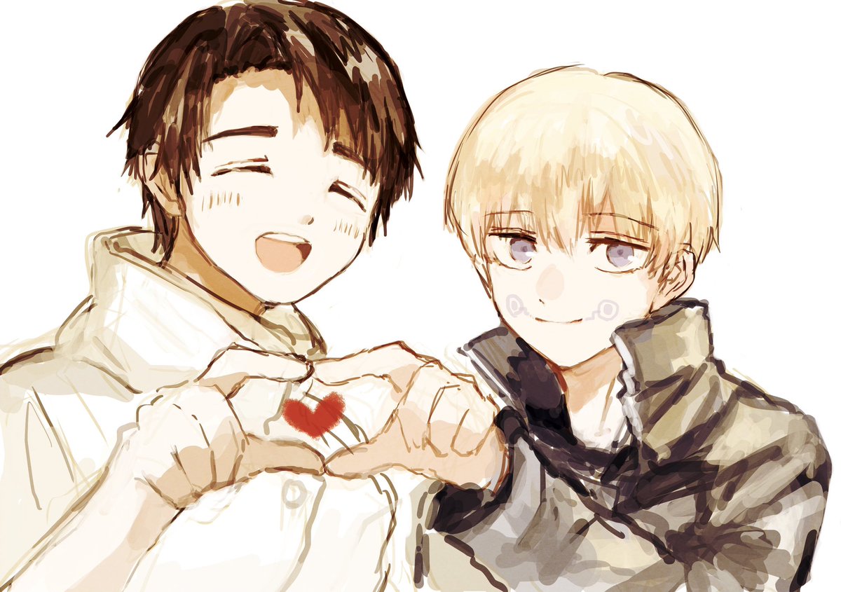 heart hands 2boys multiple boys heart male focus heart hands duo blonde hair  illustration images