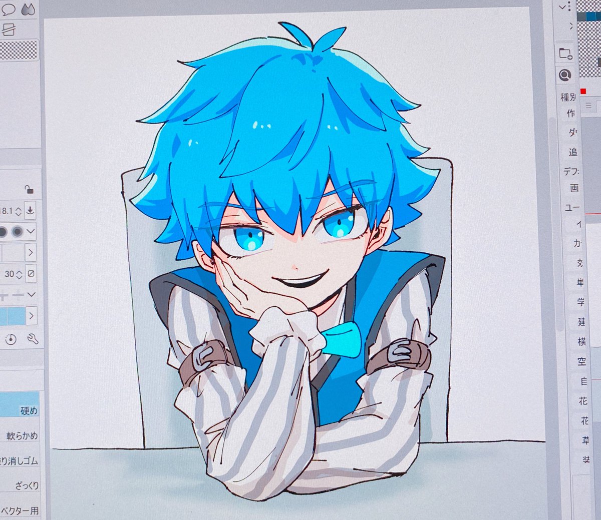 1boy male focus blue hair blue eyes solo bow vest  illustration images