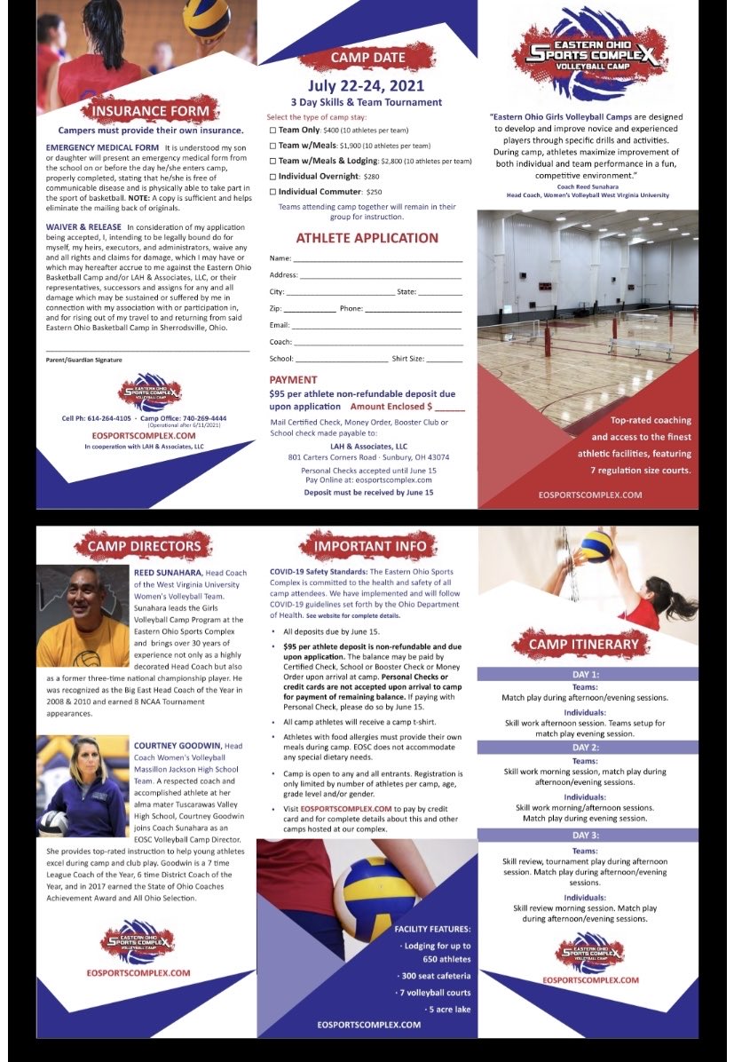 Registration ends this Friday for both team and individuals for volleyball camp!! Eosportscomplex.com
