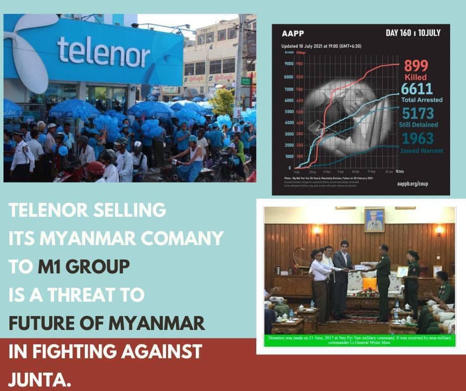 Hlaing1Yu's tweet photo. M1 group has business ties with the Military Junta, &amp; has record of exploiting user data in other countries. Please reconsider the deal and save Myanmar from human rights violation.@TelenorGroup @NorwayMFA
#Telenor_M1IsPartnerOfSAC
#WhatsHappeningInMyanmar https://t.co/HHu6AK8ip3 https://t.co/LR8nFXnSBJ
