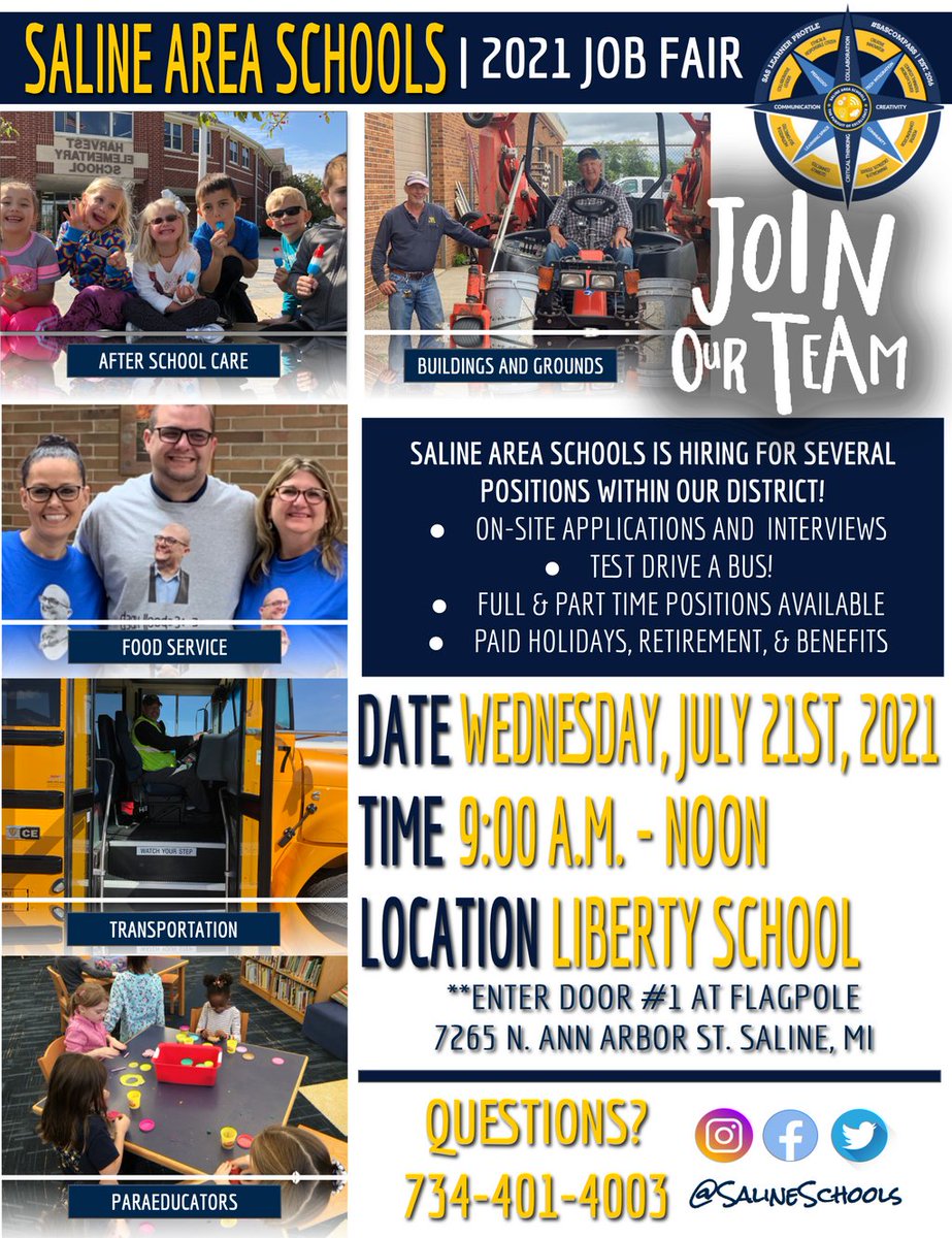 The Saline Area Schools 2021 Job Fair is happening next week! #SASCompass