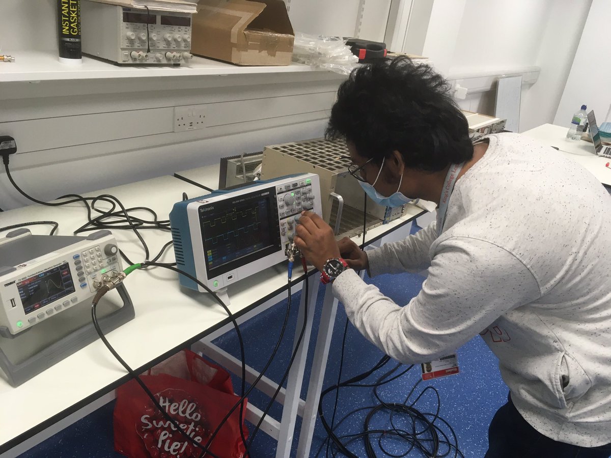 KingsEPAP's tweet photo. Summer students week 2. Cosmic ray counters (#CosmicWatch) are built, all cables and NIM modules are tested. Meantime, short wavelength quantum dot is being converted to hydrophilic in ultrasonic bath..., stay tuned 🤞 https://t.co/lsM4Duj7FP