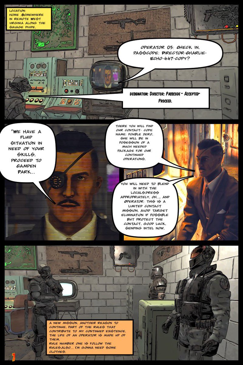 operator_05's tweet image. Designation: #fallout76 
Issue 2:Rules 
Click through the thread below and enjoy Operator 05- a fan comic created by: @lleggster  @Nakari206  and @TeKillaBones
