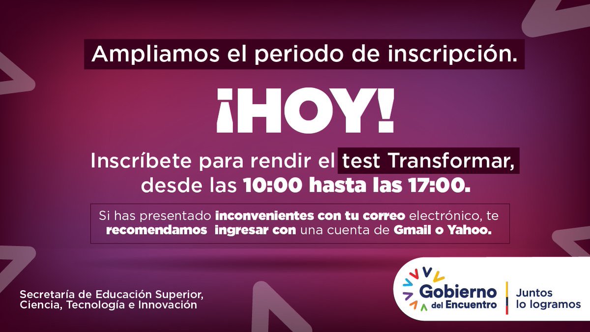 ¡Trabajamos en un sistema de educación superior que genere oportunidades para todos!

🚨 Debido al gran número de solicitudes, hemos AMPLIADO el proceso de inscripción.

👉 10:00 - 17:00 de HOY 👈.

Sigue esta recomendación antes de ingresar en transformar.senescyt.gob.ec ⬇️.